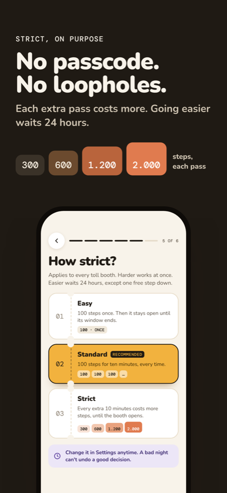 How strict? Easy, Standard and Strict tickets, with step costs rising from 300 to 2,000 per pass